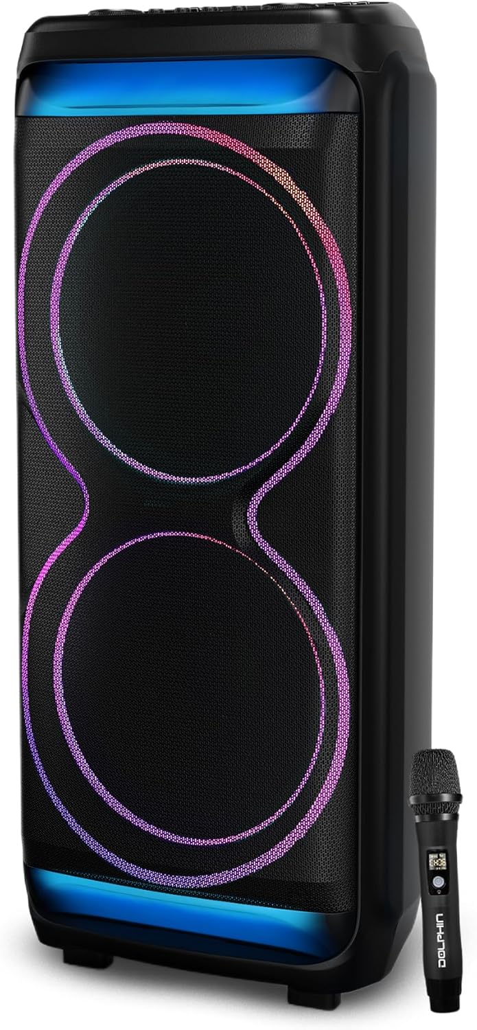 Dolphin Bluetooth Party Speaker with UHF Wireless Microphone, Dual 15" | 100W RMS, X-BASS, WaveSync TWS, LED Lights, USB, TF/SD, AUX, FM