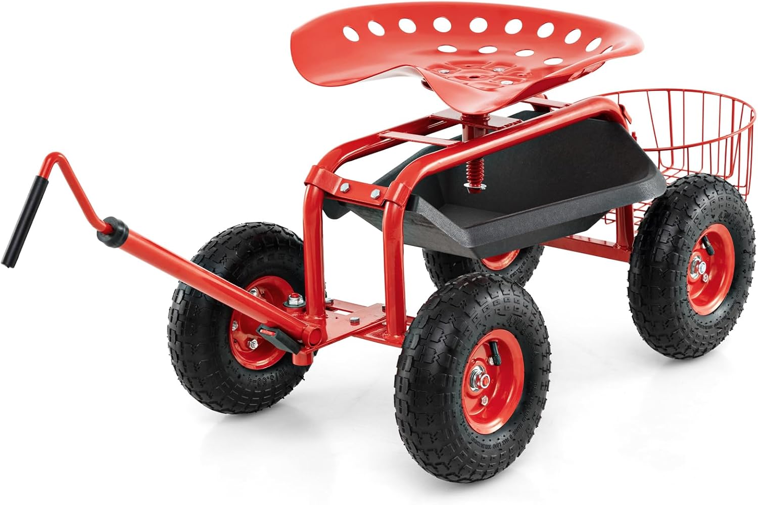 Goplus Rolling Garden Cart with Seat, Outdoor Garden Stool with Wheels, Tool Tray & Basket, Adjustable Steering Handle