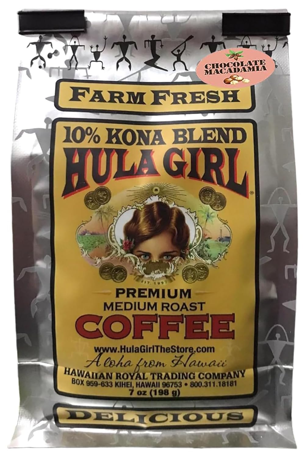 Hula Girl 10% Kona Ground Coffee, Grown in Hawaii, Hand Picked, Sun Dried, Fresh Roasted and Packed in Hawaii for 30 years, 7 Ounce