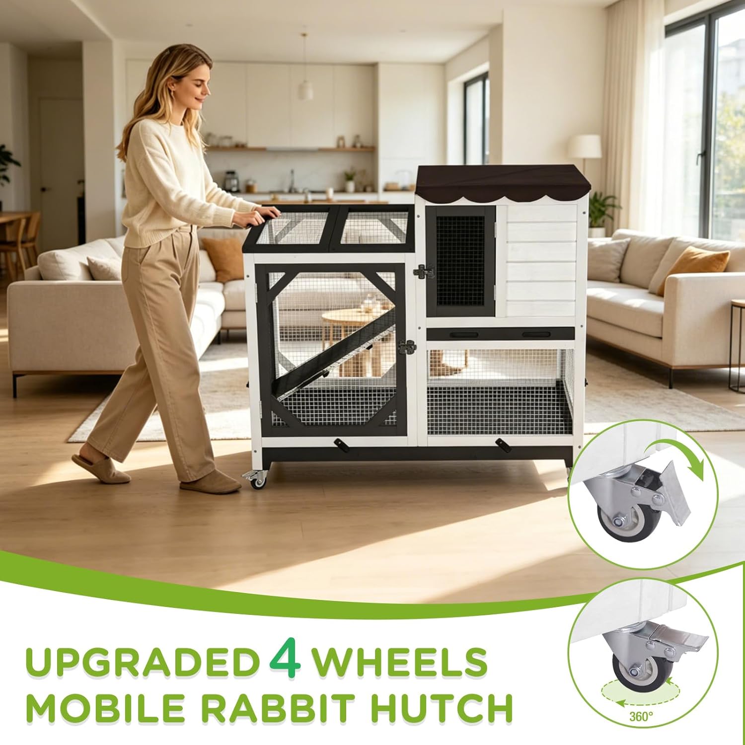 Indoor Rabbit Bunny Hutch Outdoor, Guinea Pig Cages with Removable Bottom Wire Netting - Easy Clean