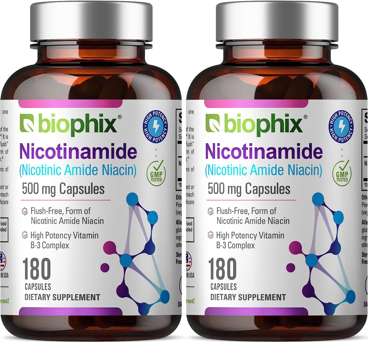 biophix B-3 Nicotinamide 500 mg 180 Caps - Nicotinic Amide Niacin Natural Flush-Free Vitamin Formula - Supports Skin Cell Health