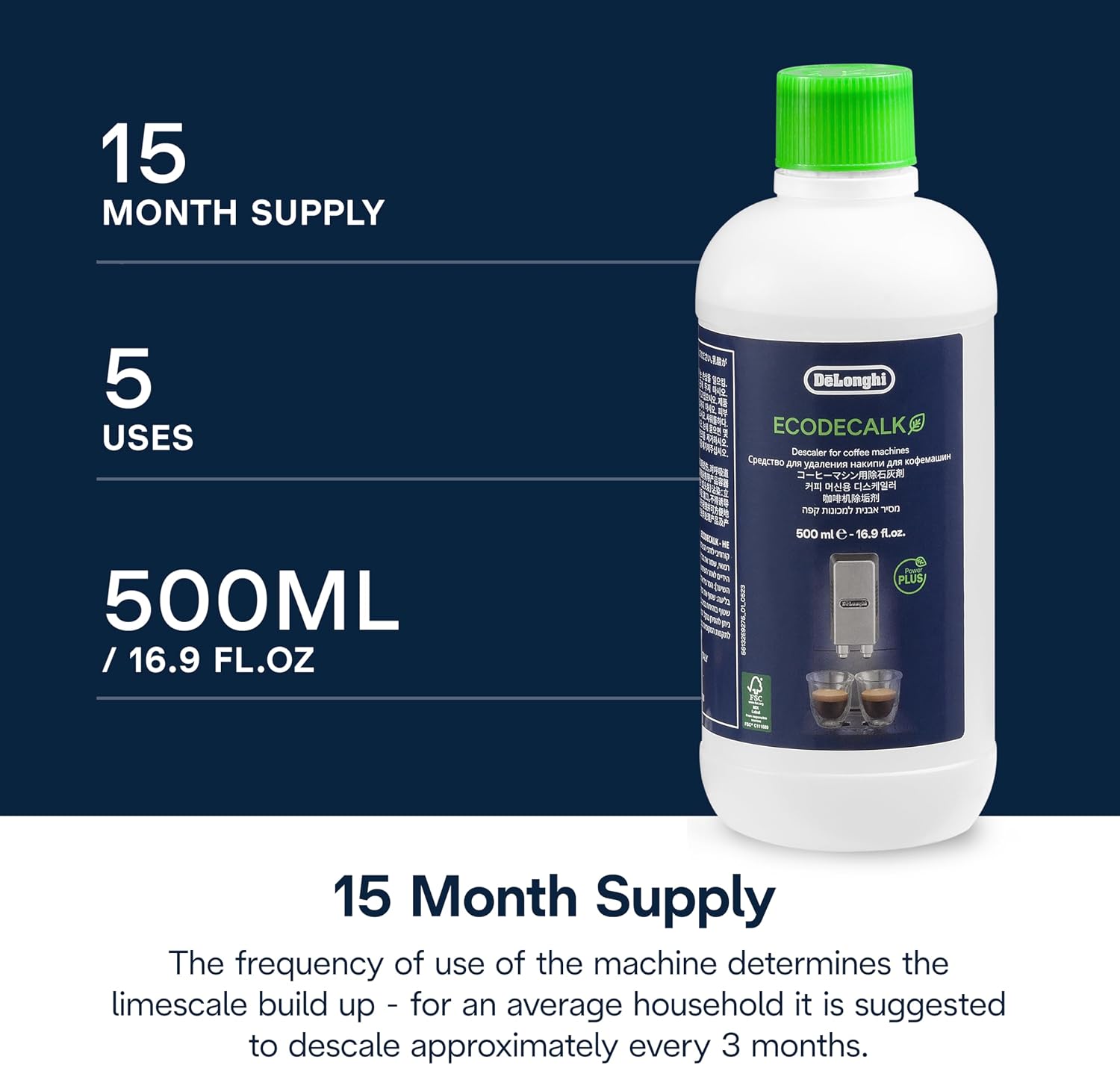 De'Longhi EcoDecalk Universal Descaler, for Coffee Machines 16.90 oz | Safe Formula, Universally Compatible, 15 Month Supply, Easy to Use