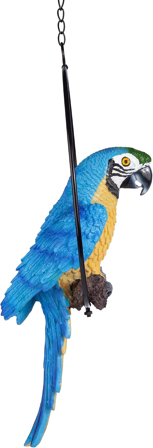 Design Toscano Polly in Paradise Parrot Hanging Bird Ring Perch Indoor/Outdoor Statue, Medium 14 Inch Tall, Cast Stone Resin, Blue Yellow Finish