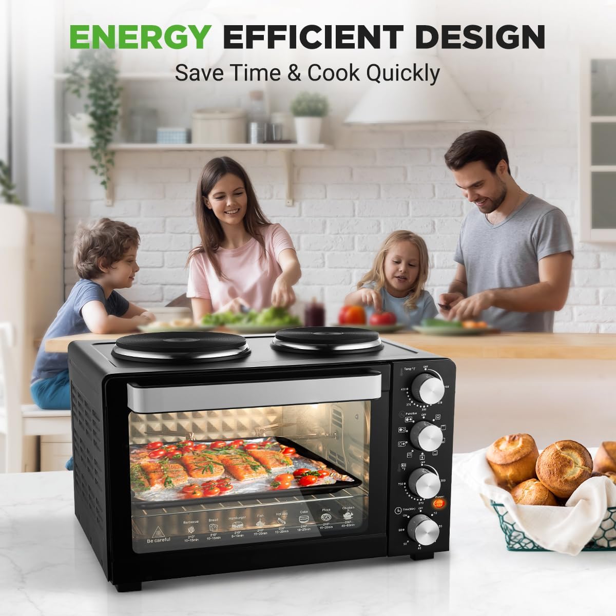 NutriChef 30 Quart Kitchen Convection Oven & 2 Burner Cooker - 1500 Watt Oven - 7 Cook Functions Rotisserie, Cook, Bake