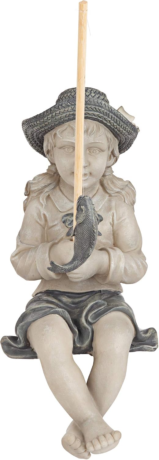 Design Toscano Frederic the Little Fisherman of Avignon Boy Fishing Garden Statue, 15 Inch Tall, Cast Stone Resin, Two Tone Stone Finish