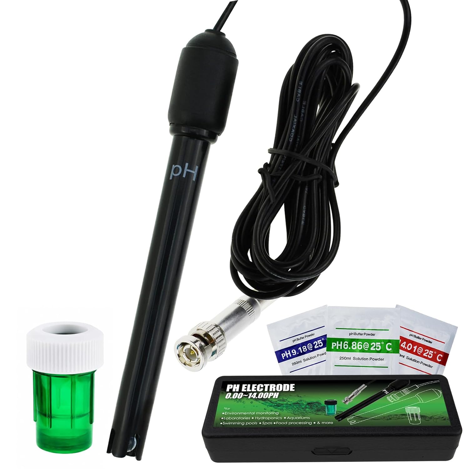 Long Body pH Electrode with BNC Socket Probe 300cm Cable 0-14pH for pH Meter, pH Controller pH Device Economical Sensor