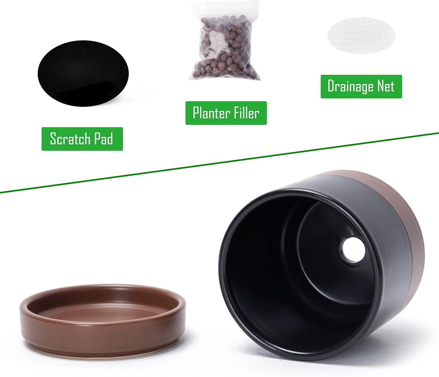 D'vine Dev 2-Pack Ceramic Pots with Saucers, White/Grey, 4.7 in, 94-V-B-6