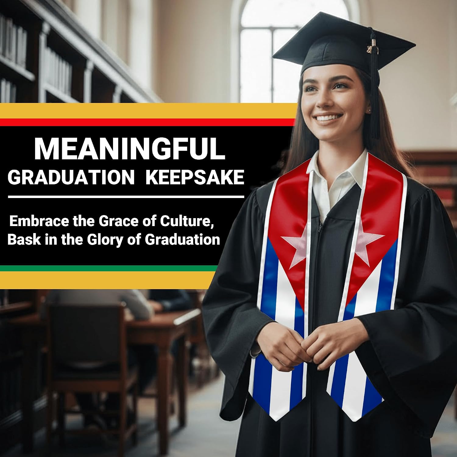 YOXEULL National Flag Embroidered Graduation Stole with Trim, Graduation Sash Graduates Gift, 72"