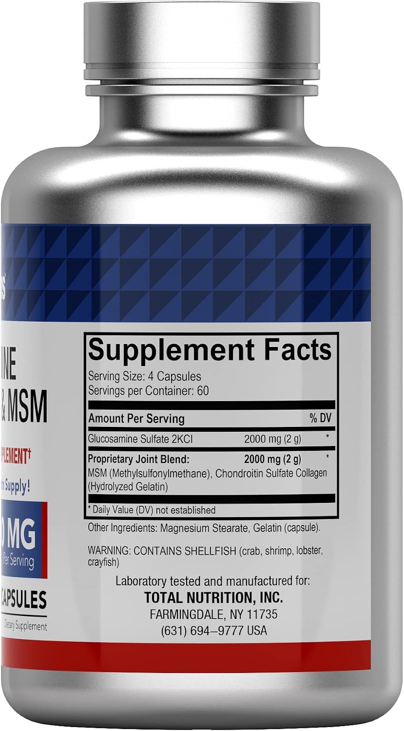 tnvitamins Glucosamine Chondroitin MSM Capsules, 240 Count | 4, 000 mg Per Serving | 2, 000 mg Glucosamine Sulfate 2KCl + 2