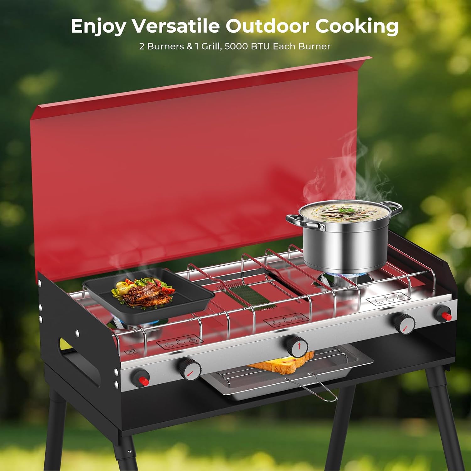 CAMPLUX 2 Burners & 1 Grill Propane Camping Stove, 15, 000 BTU Portable Outdoor Propane Camping Grill Burner with Free Standing Legs