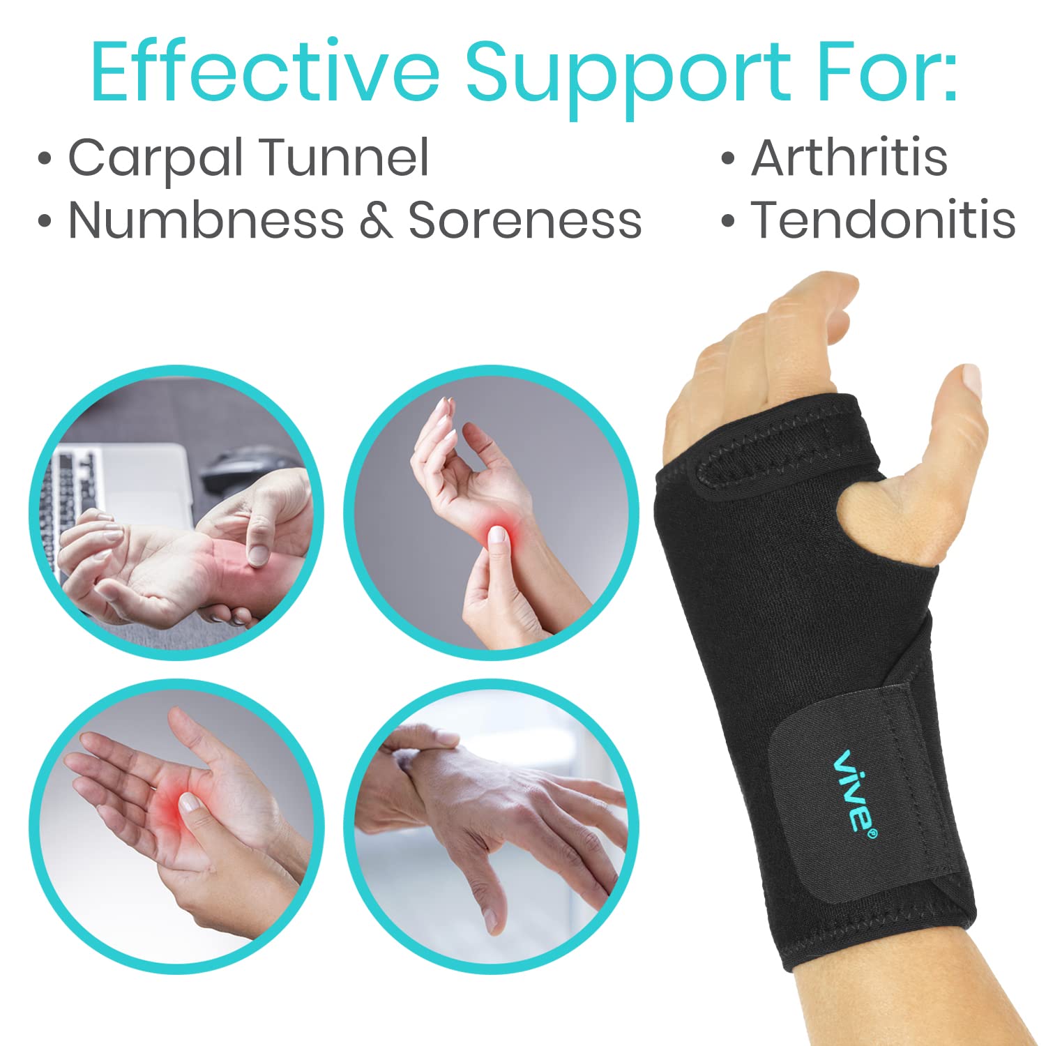 Vive Wrist Brace - Carpal Tunnel Hand Compression Support Wrap for Men | Women, Tendinitis, Bowling, Sports Injuries Pain Relief - Removable Splint - Universal Ergonomic Fit (Black, Right)