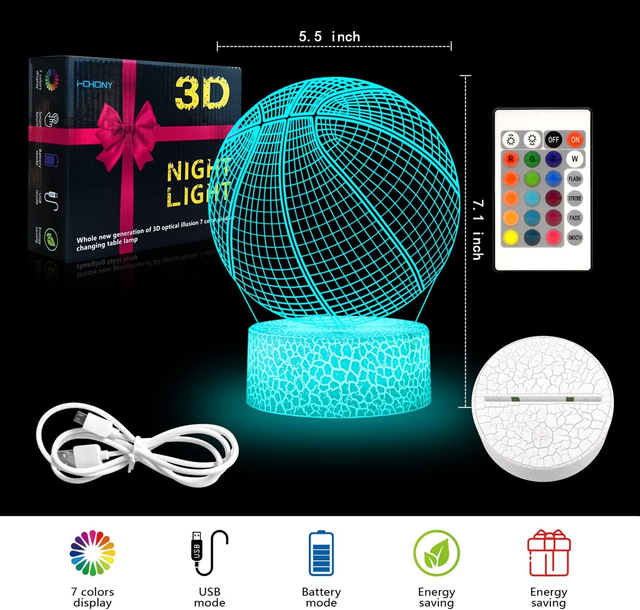 i-CHONY Dinosaur Toy T-Rex 3D Night Light for Kids, 16 Colors Dimmable Dinosaur Led Light with Remote & Smart Touch