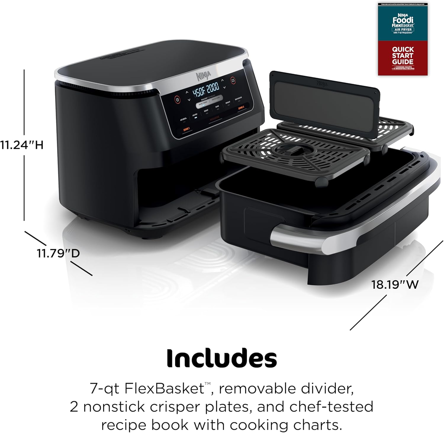 Ninja Foodi Air Fryer, 7 Qt MegaZone, 6-in-1, Black, DZ071 | Air fry, roast, broil, bake, reheat, dehydrate, 450F max, 2x3.5 Qt baskets, Smart Finish