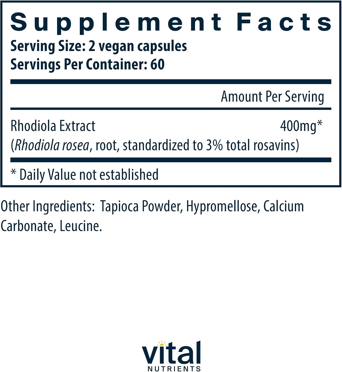Vital Nutrients Rhodiola Rosea - Rhodiola Supplement for Healthy Energy, Memory, and Stress Support - Gluten, Dairy, Soy Free - Non-GMO - 60 Capsules