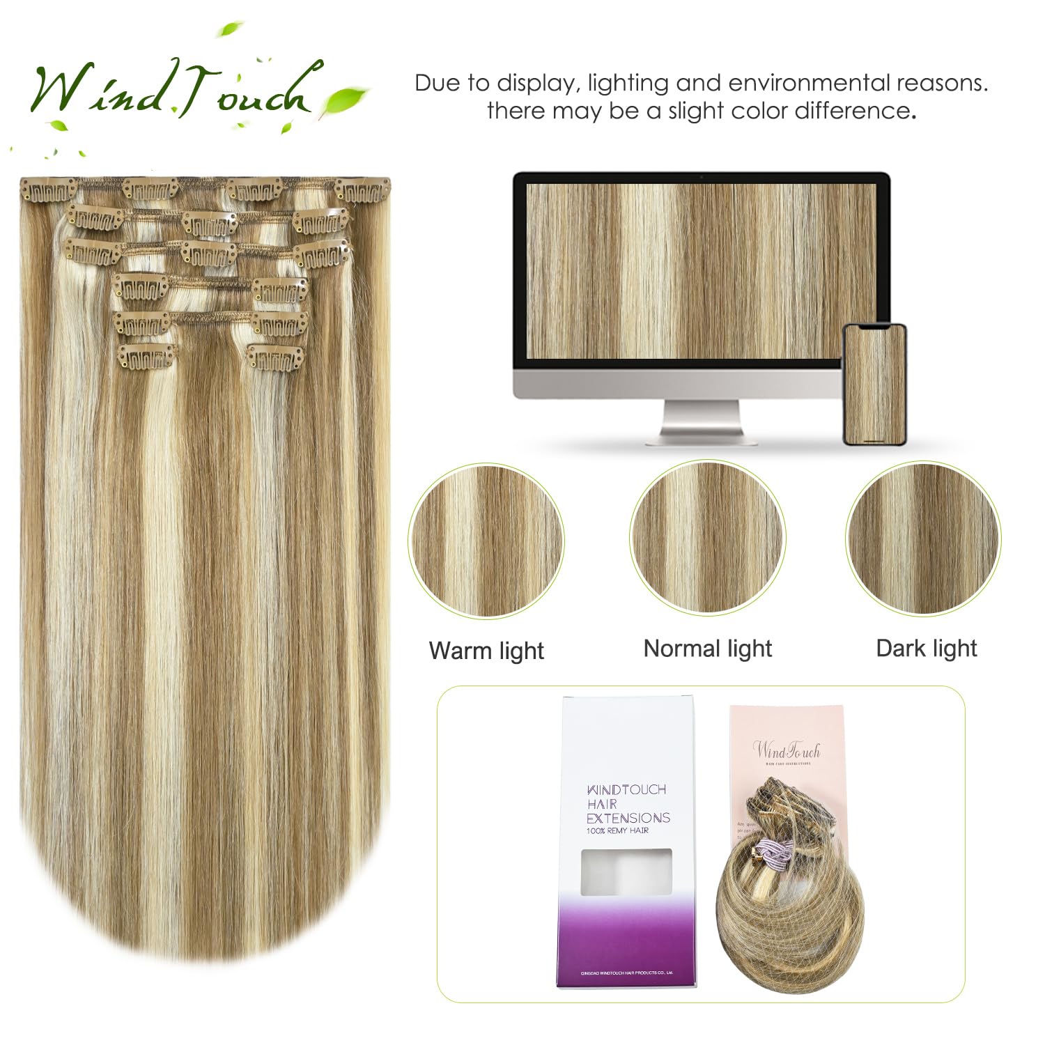 WindTouch Clip In Hair Extensions Human Hair Mixed Bleach Blonde 18Inch 75g Hair Extensions for Women Remy Blonde Extensions Clip in #18p613 7PCS