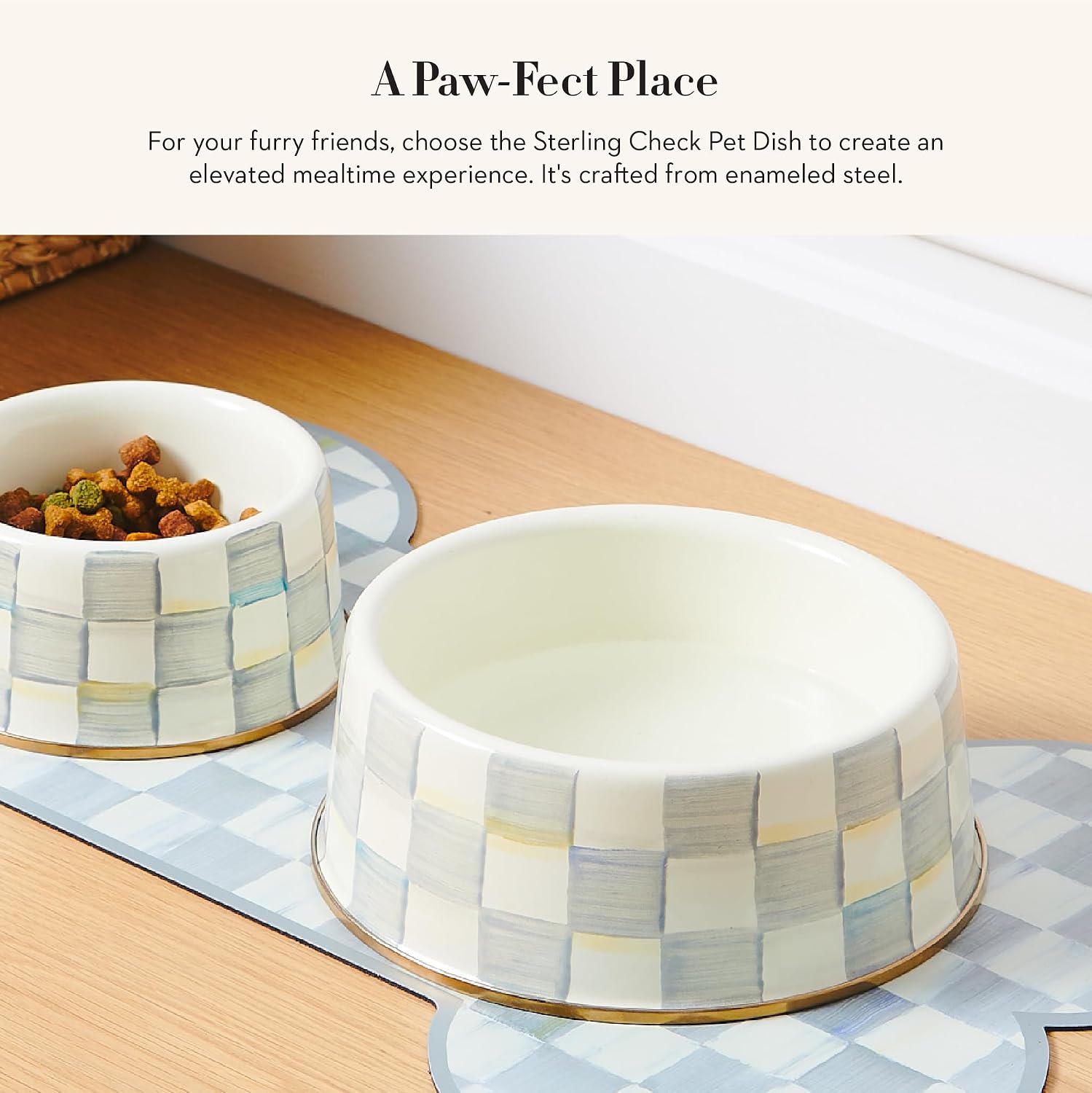 MACKENZIE-CHILDS Enamel Pet Dish, Large, Black-and-White Courtly Check | Decorative cat and dog bowl for food and water, 40-ounce capacity