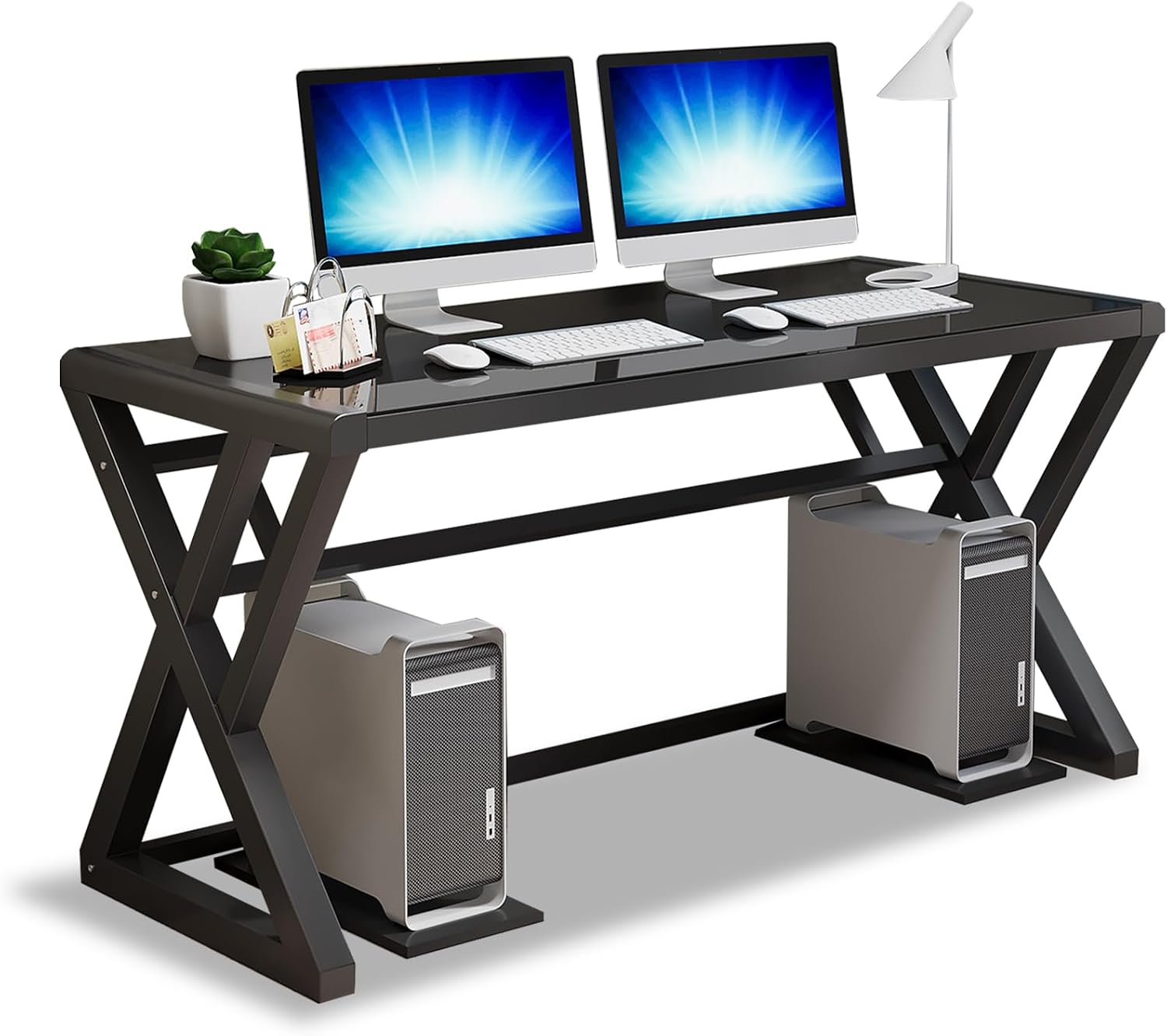 BINGTOO Glass Top Computer Desk with Metal Frame - Modern Simple Workstation for Home Office, Gaming, Writing, Study & Work, Black
