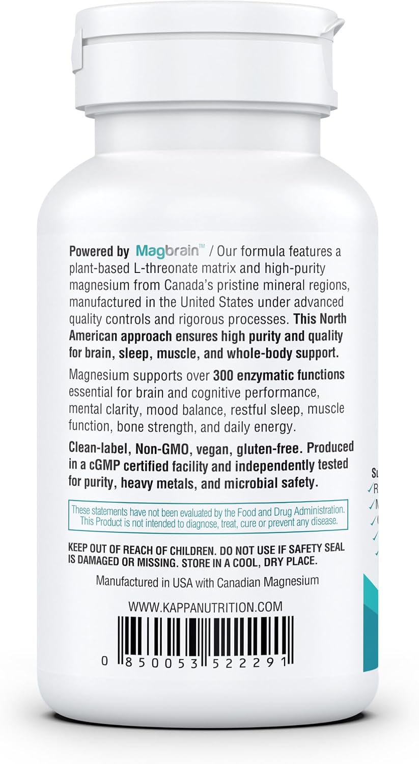 Kappa Nutrition Powered by Magbrain™ Magnesium L-Threonate Plant-Based, 420mg Elemental Magnesium (3 Capsules) from 2, 253mg, 120 Vegan Capsules