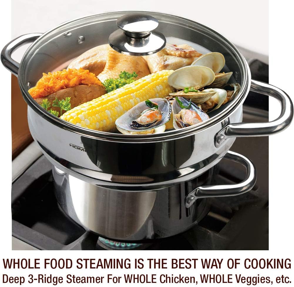 HOMICHEF 3 PCS Whole Food Steamer Set - Nickel Free Stainless Steel Veggie Steam Pot (9.5" Large Vegetable Steamer Insert With Lid, 8" Steam Pot)