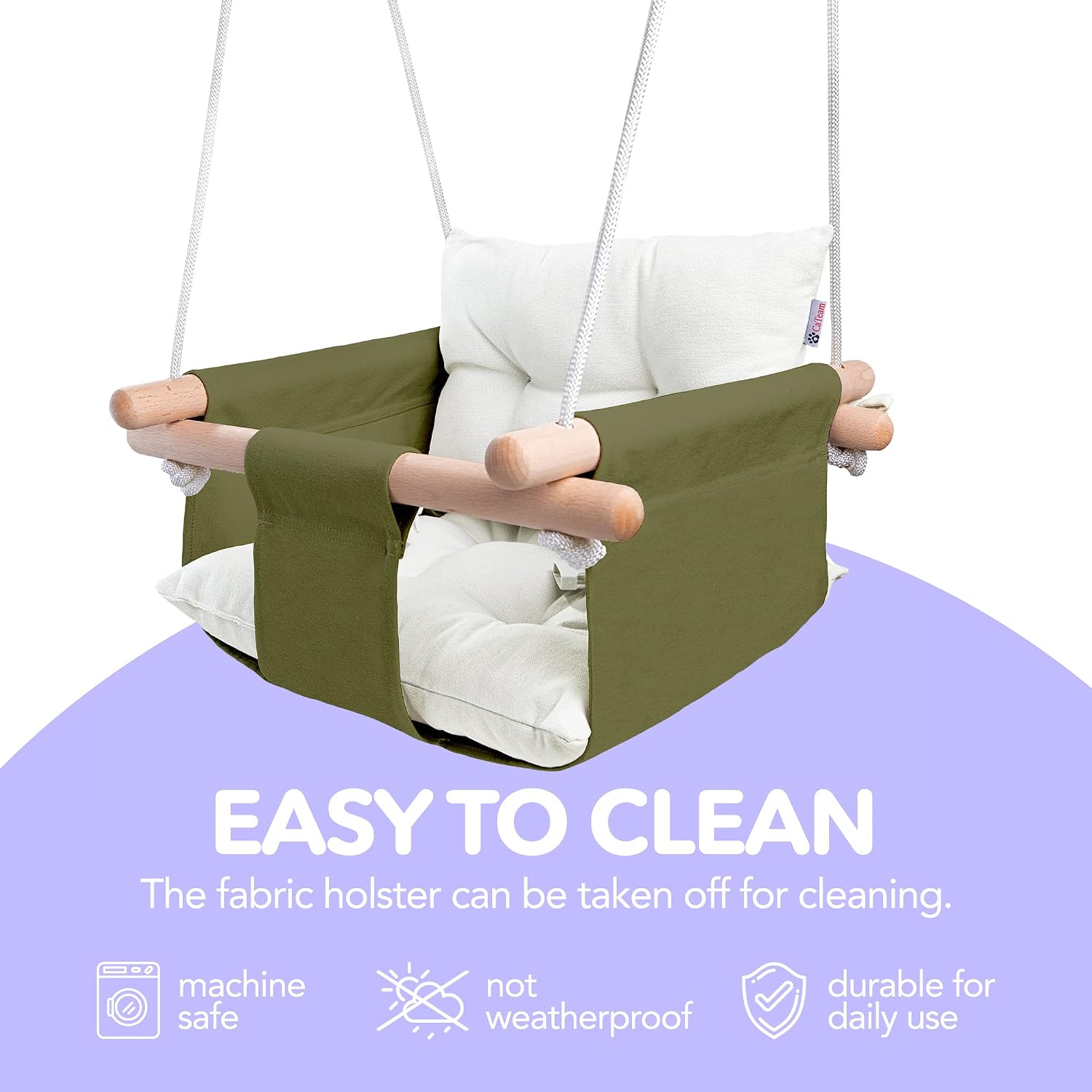 CaTeam Canvas Baby Swing Seat with 5-Point Safety Belt — Wooden Hanging Toddler Swing, Indoor & Outdoor, Ages 1-4, Ceiling Mount Hardware Included