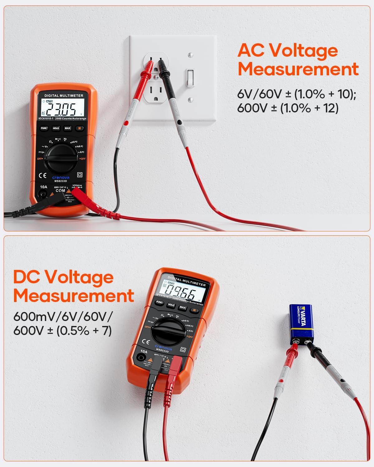 Crenova MS8233D Multimeter 6000 Counts Digital Multimeter DC AC Volt Meter Ohm Volt Amp Tester Measures Voltage Current Resistance Capacitance