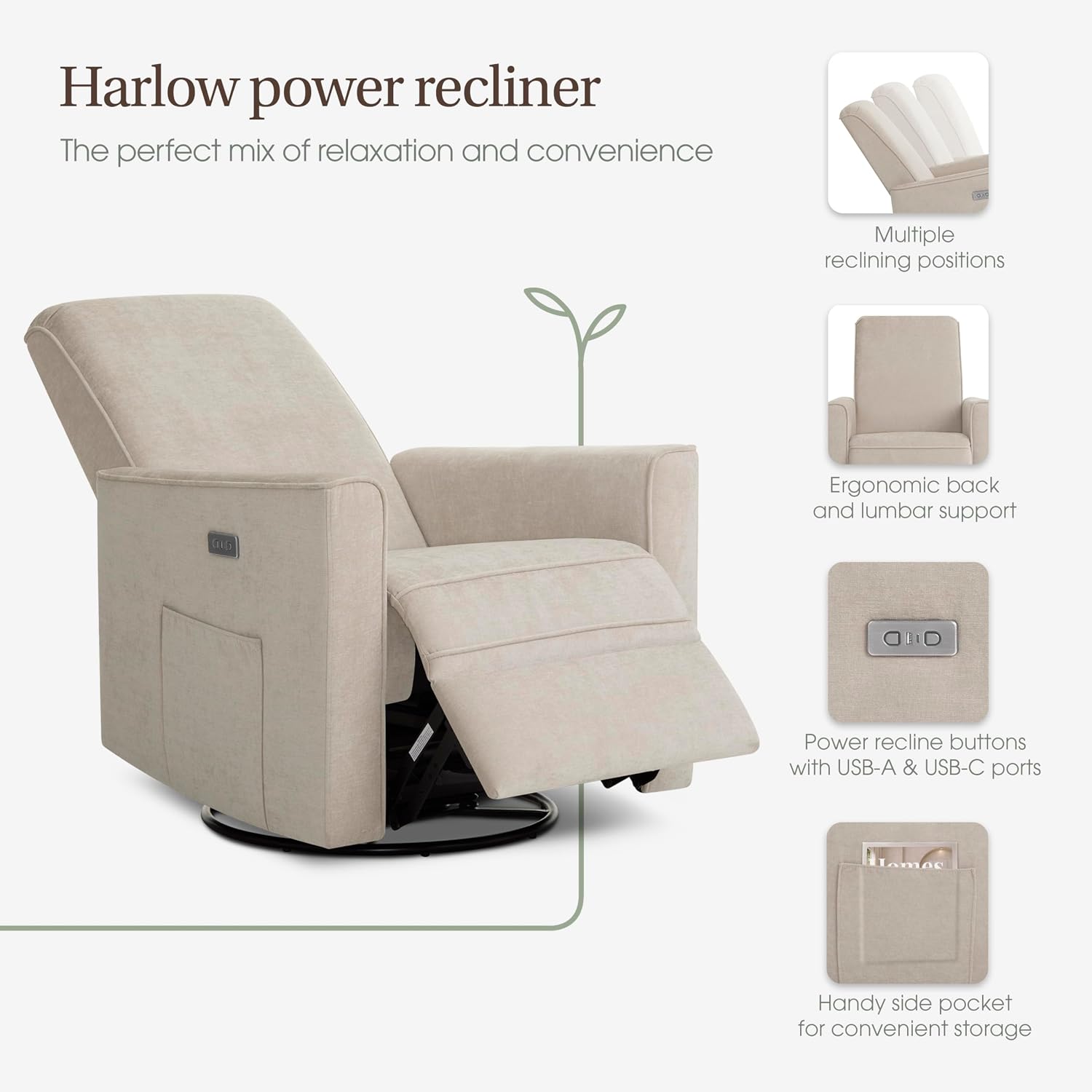 évolur Harlow Upholstered Power Glider Recliner with USB Charging – Rocking & 275° Swivel with Smooth Glide – Greenguard Gold & FSC