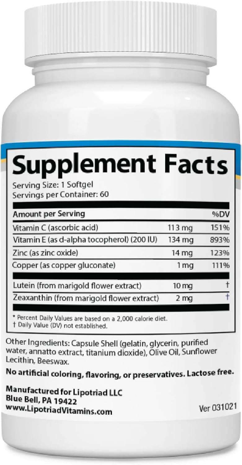 Lipotriad Visionary Eye Vitamins, 60 Capsules, 30-Day Supply | Lutein and Zeaxanthin Supplements with AREDS 2 Ingredients to Support Eye Health