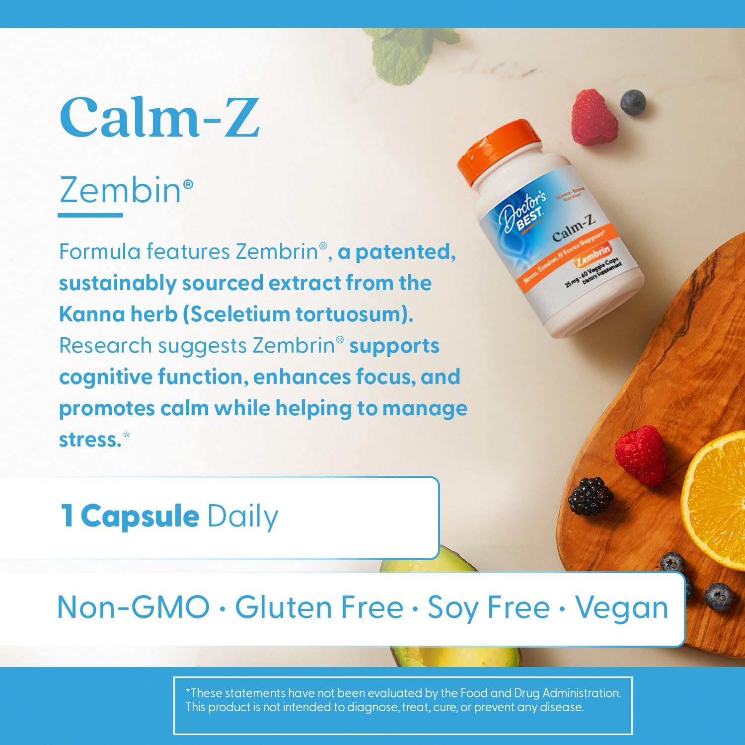 Doctor's Best Calm-Z for Men & Women - Zembrin (Sceletium Tortuosum) Extract Supplement, Calm & Focus Support, Helps Reduce Stress, 25 mg Capsules