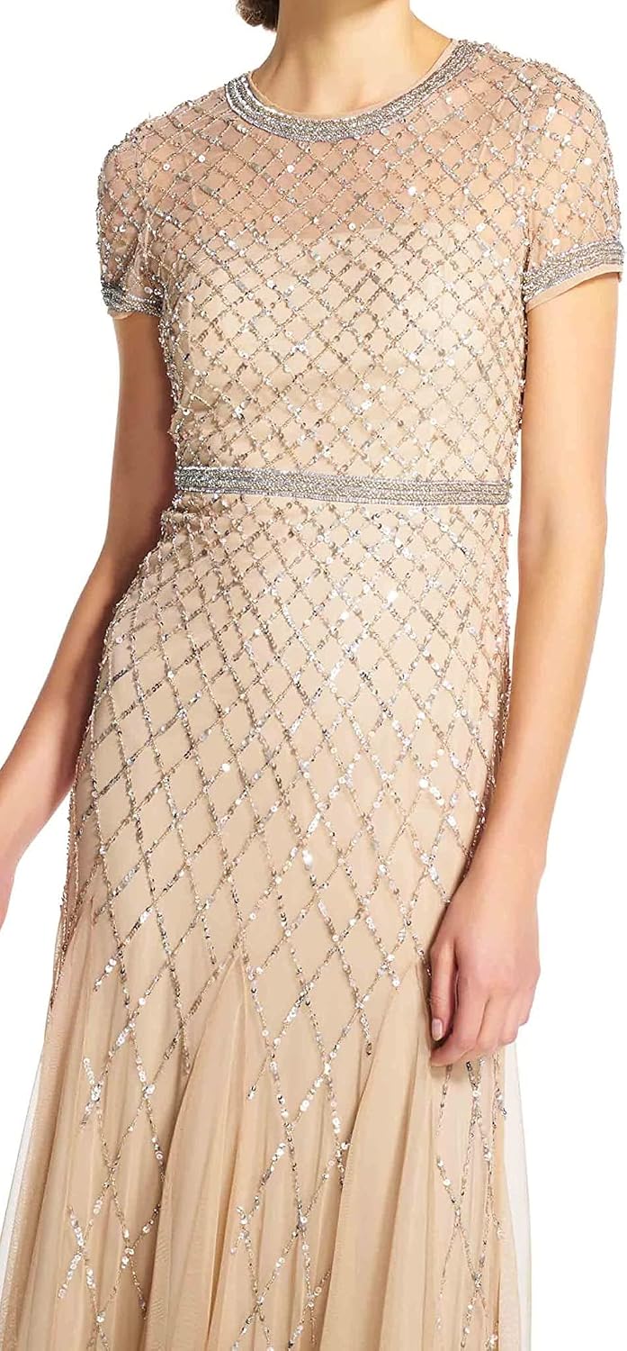 Adrianna Papell Womens Short-Sleeve Grid Beaded Gown