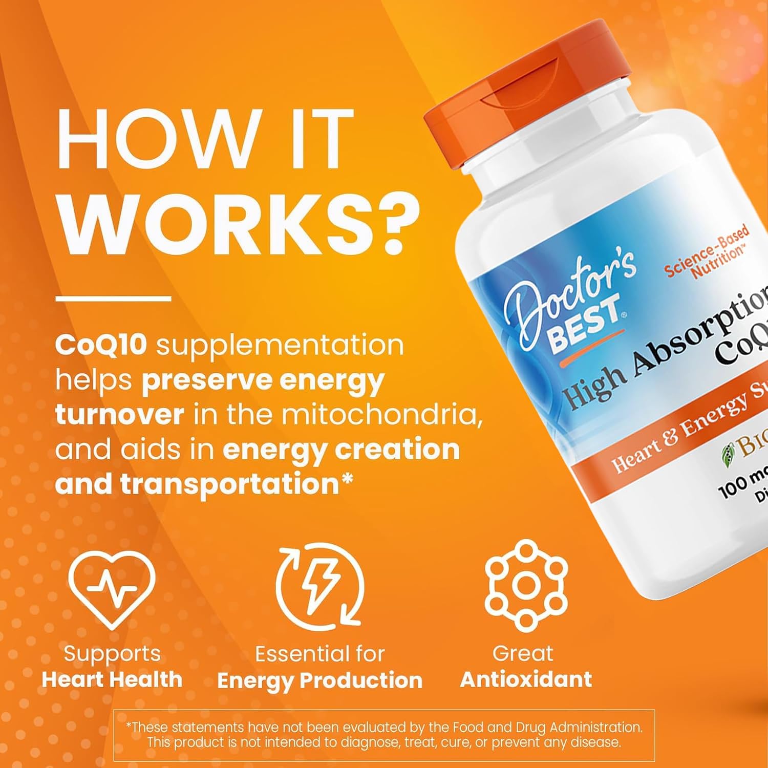 Doctor's Best High Absorption CoQ10 with BioPerine, Gluten Free Naturally Fermented, Heart Health & Energy Production, 100 mg, 60 SoFtgels