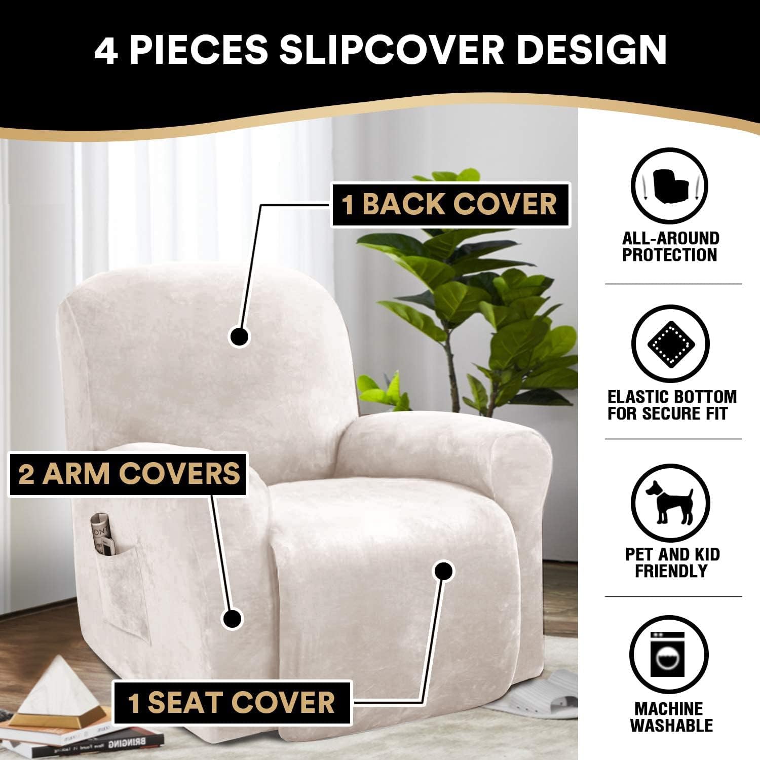 PrinceDeco Recliner Chair Cover Velvet Stretch Recliner Couch Covers 4-Pieces Style Recliner Chair Covers Recliner Cover for Reclining Chair