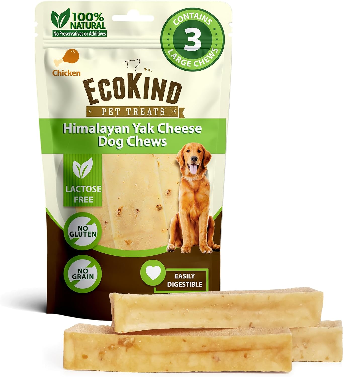 EcoKind Yak Cheese Himalayan Dog Chews, Yak Chews for Large Dogs, 4-5 Bones | 1 Lb, Long Lasting for Aggressive Chewers, Only 3 Ingredient Natural High Protein Dental Dog Treats, No Additives or Lactose