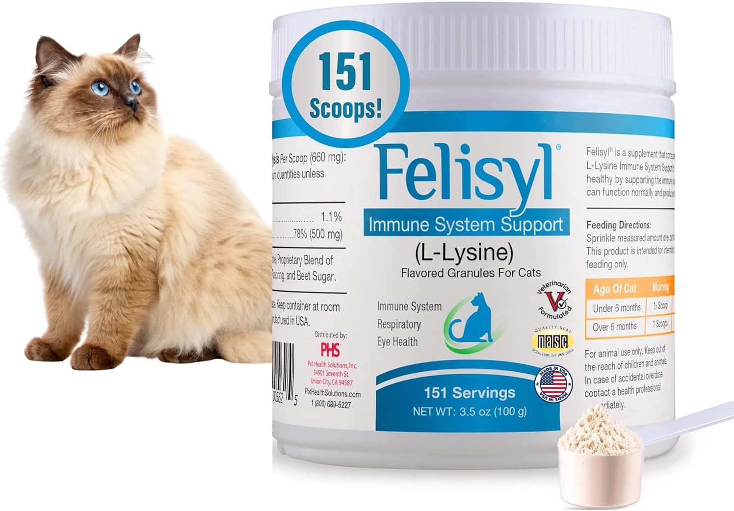Felisyl L-Lysine Granules for Cats 100g (3.5 oz, 310 Servings) – Supports Immune, Respiratory, and Eye Health. Eases Sneezing, Runny Nose