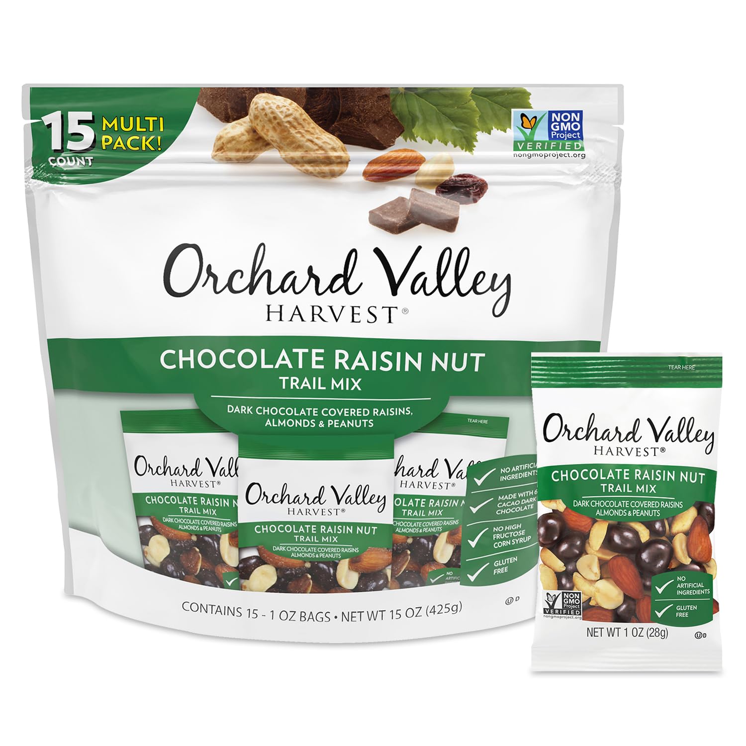 Orchard Valley Harvest Choc Nut Mix Multipack, 1 oz, Pack of 8 | Dark Chocolate Raisins, Almonds & Peanuts, Gluten Free, Stand Up Bag, Non-GMO, 4g Plant Protein, On-The-Go Snack