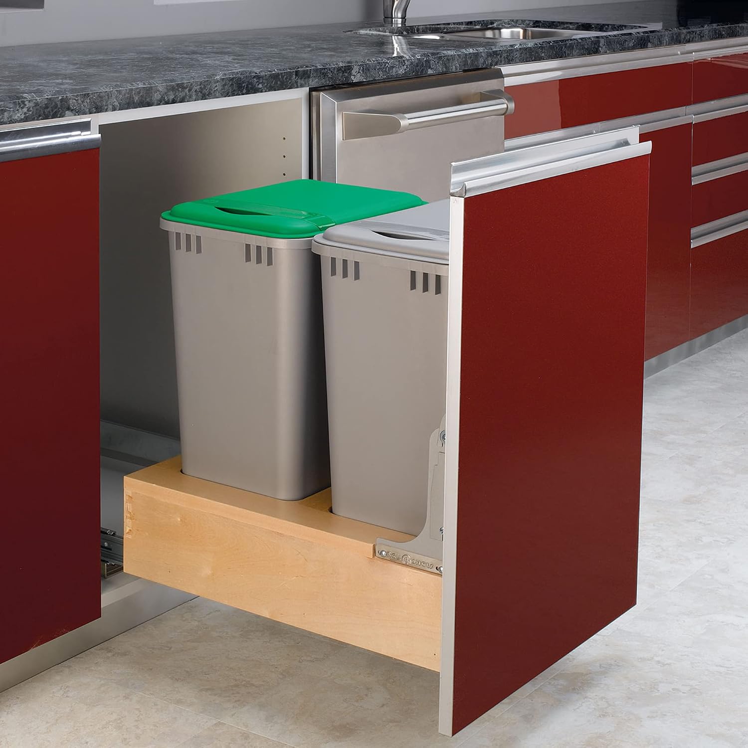 Rev-A-Shelf Pullout Under Counter Trash Can, 50 Qt 12.5 Gal Garbage Container with Soft-Close and Soft-Open Slides, Silver, 4WCBM-1550DM-1