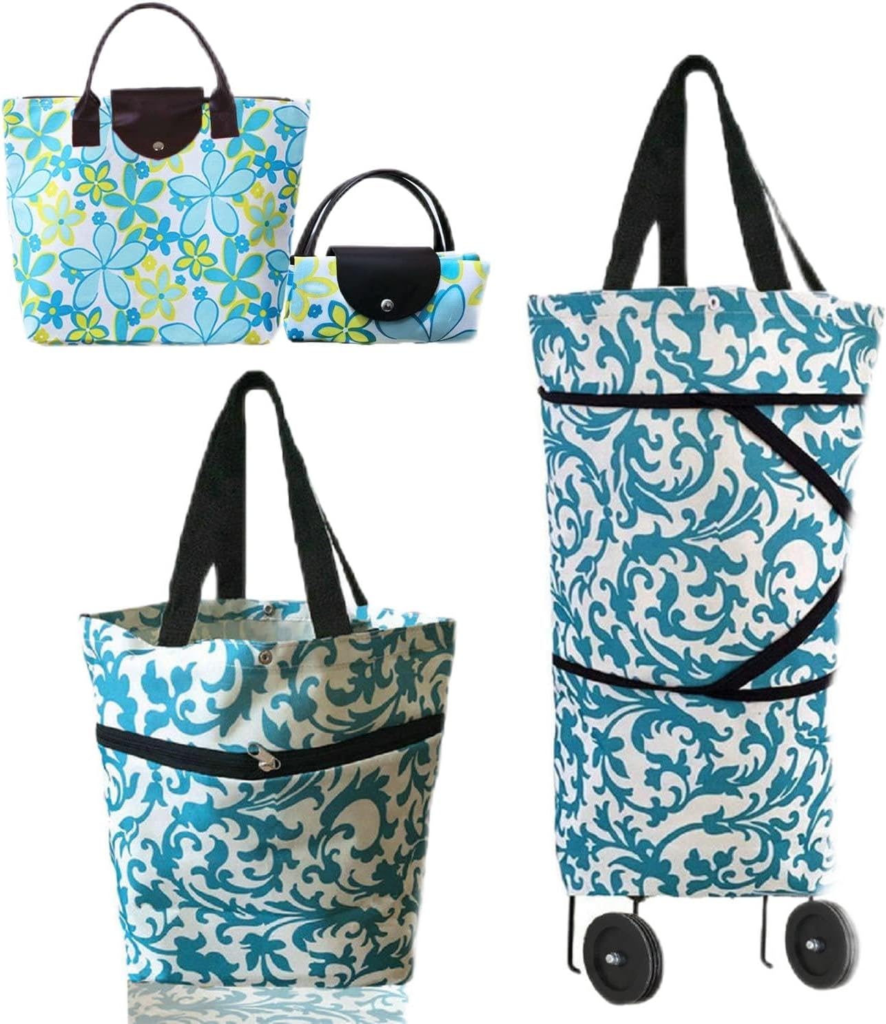 Collapsible Shopping Bag with Wheels Portable Shopping Cart with 360° Swivel Wheels Rolling Tote Bag Reusable Grocery Bag Trolley Bag on Wheels for Travel Shopping and Daily Use(Blue)
