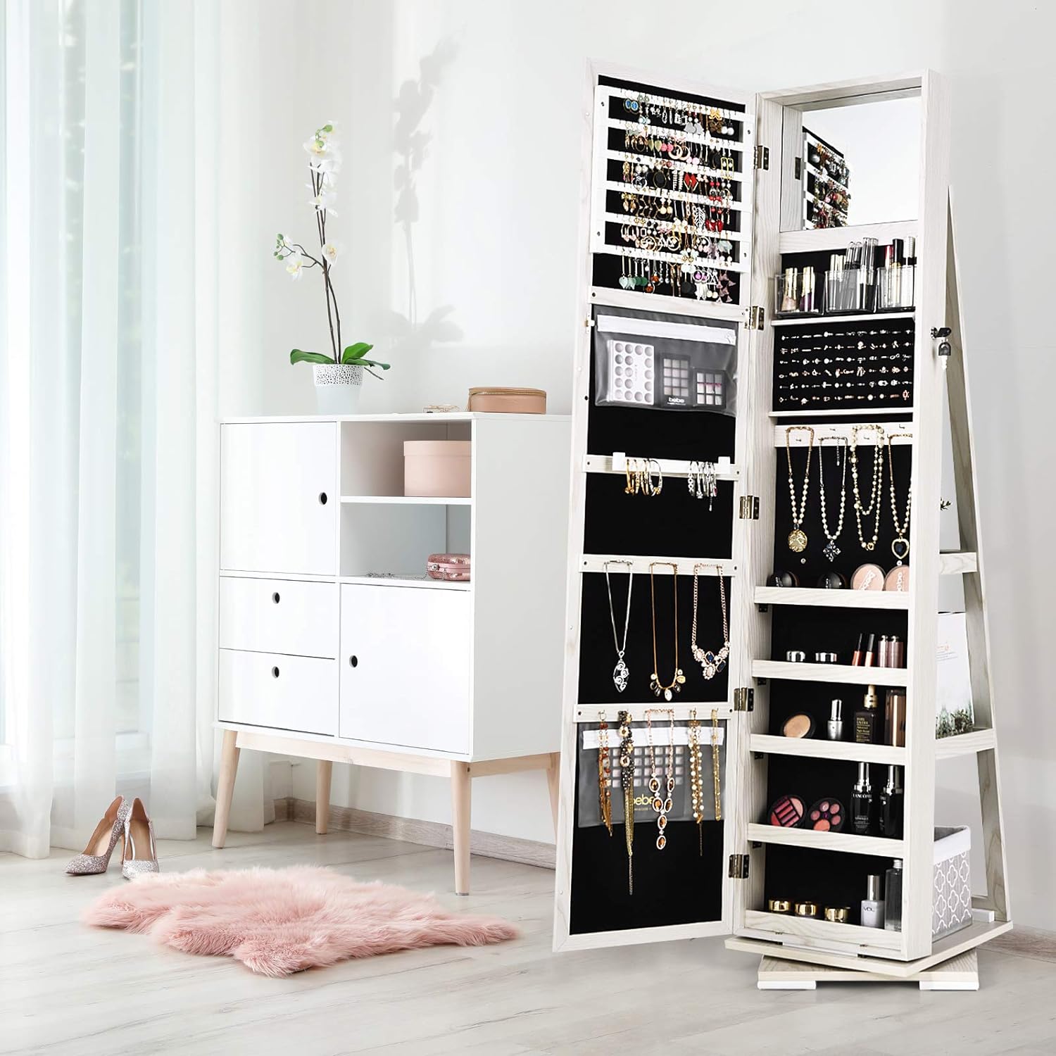 CHARMAID 360° Swivel Jewelry Armoire with Higher Full Length Mirror, Standing Lockable Jewelry Cabinet Organizer with Large Storage Capacity