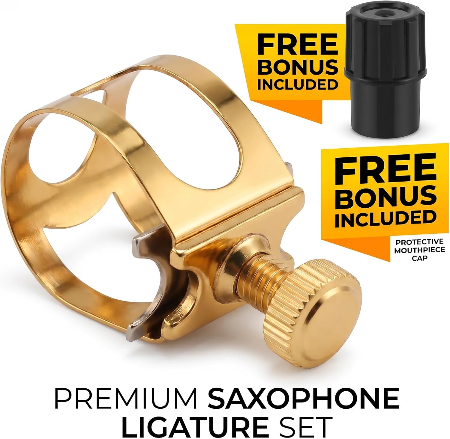 Professional Alto Saxophone Ligature for Metal Mouthpiece - Upgraded Single Screw Design, Gold Brass Ligature with Protective Cap for Slim Alto Sax Metal Mouthpieces