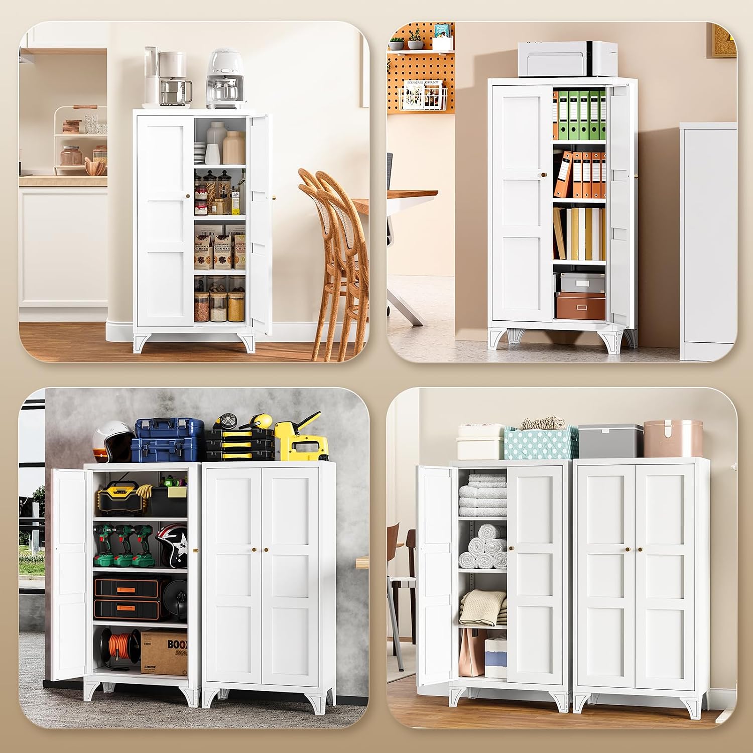 Metal Storage Cabinet with 2 Doors and 4 Adjustable Shelves - 61" White Kitchen Pantry Storage 5-Tier Tall Steel Cabinets Locker for Kitchen, Living Room, Dining Room