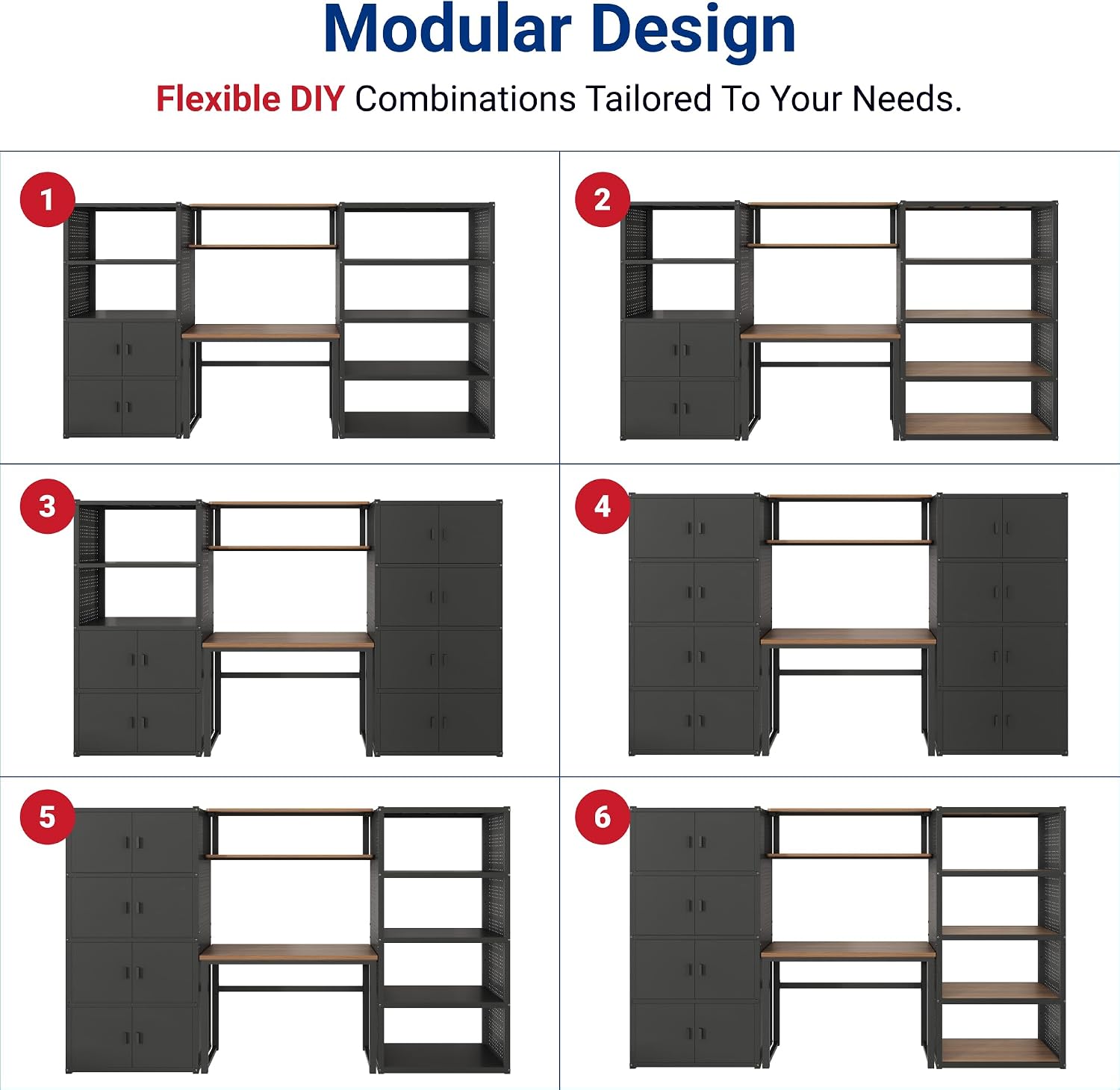 FLEXIMOUNTS 117"W Modular Garage Storage Cabinet with Workbench, Black | 6 Doors, 3700lbs capacity, Metal board shelf includes pegboard, 3-in-1 metal tool cabinet, 24-gauge steel, FLEXIMOD Series