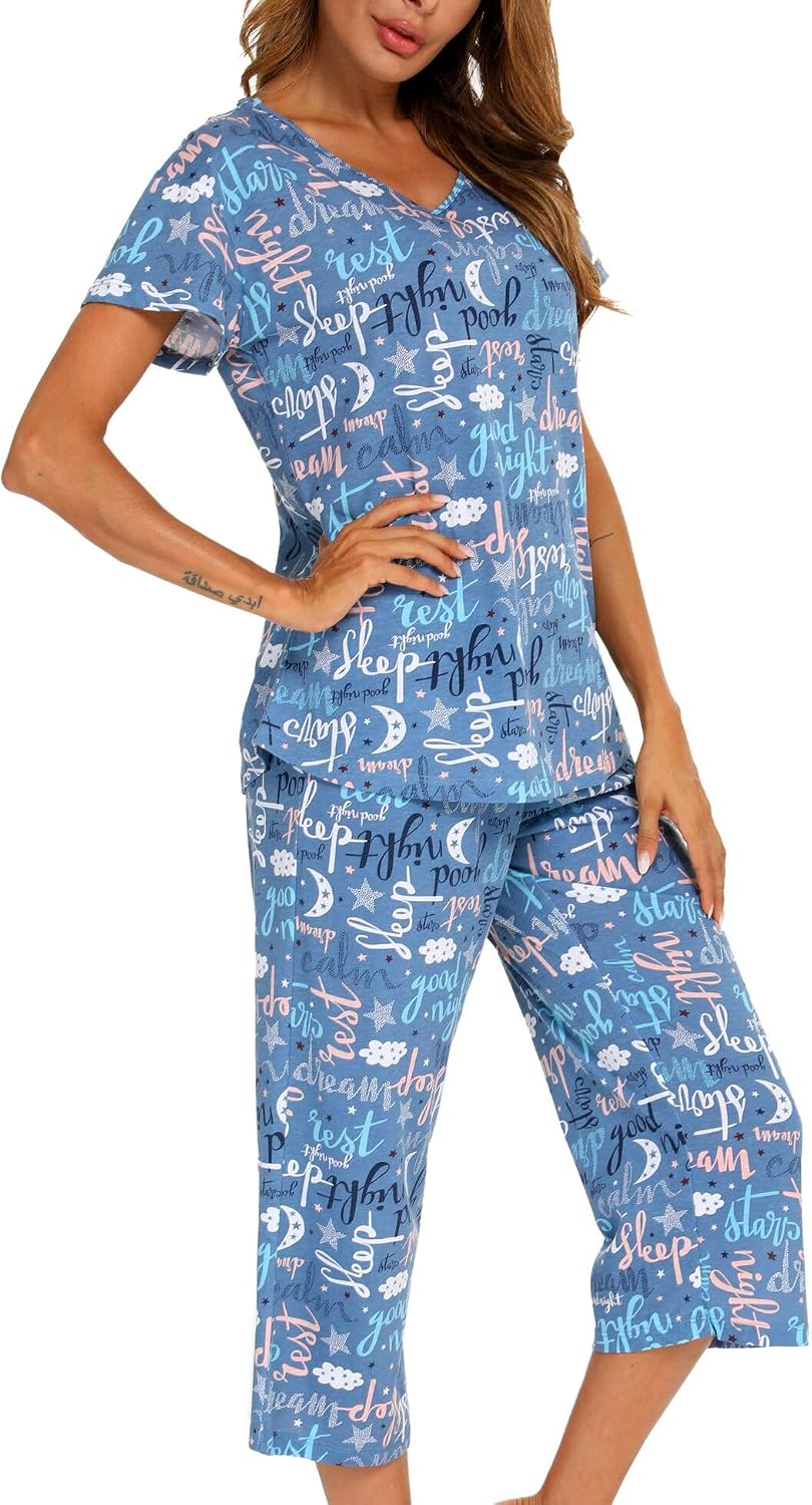ENJOYNIGHT Womens Pajama Set Cotton Summer Pj Top with Capri Pant Sleepwear