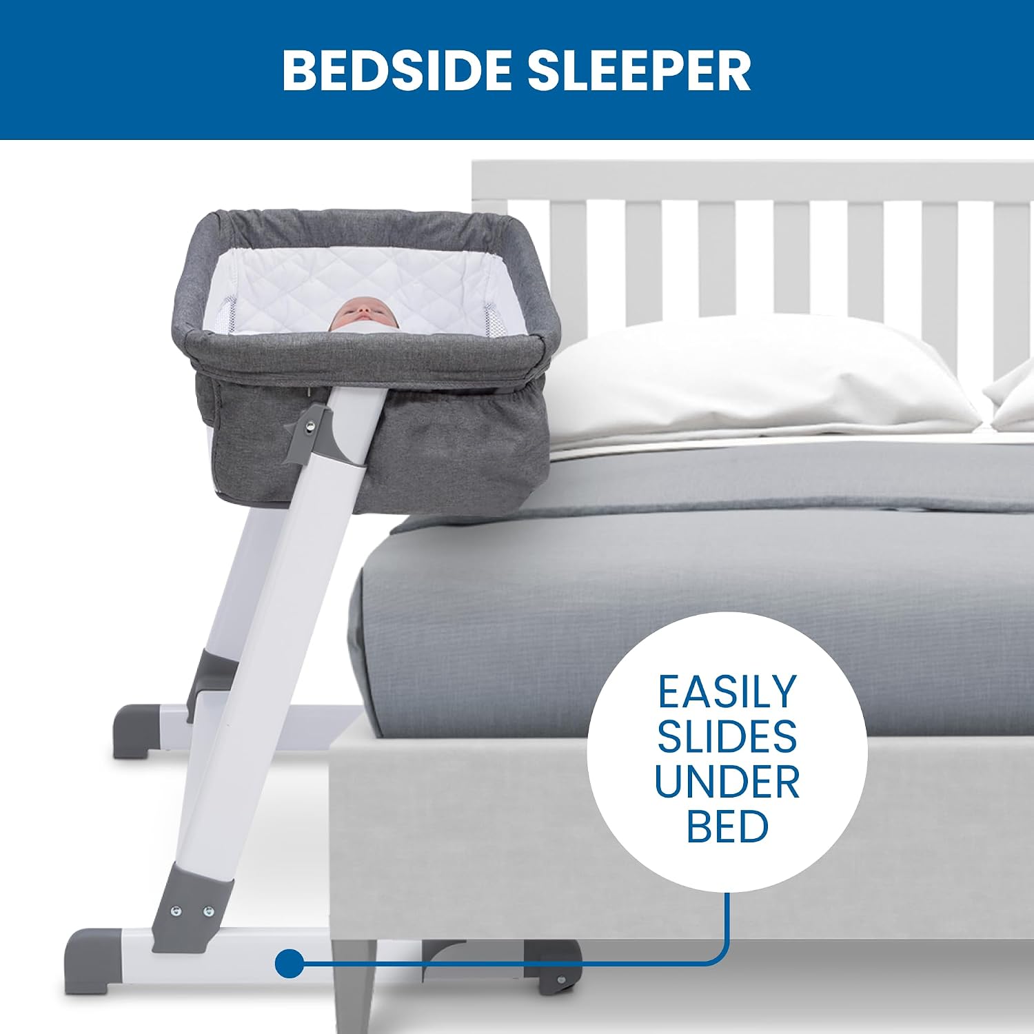 Simmons Kids By The Bed City Sleeper Bassinet - Adjustable Height Portable Crib with Wheels & Airflow Mesh, Grey Tweed