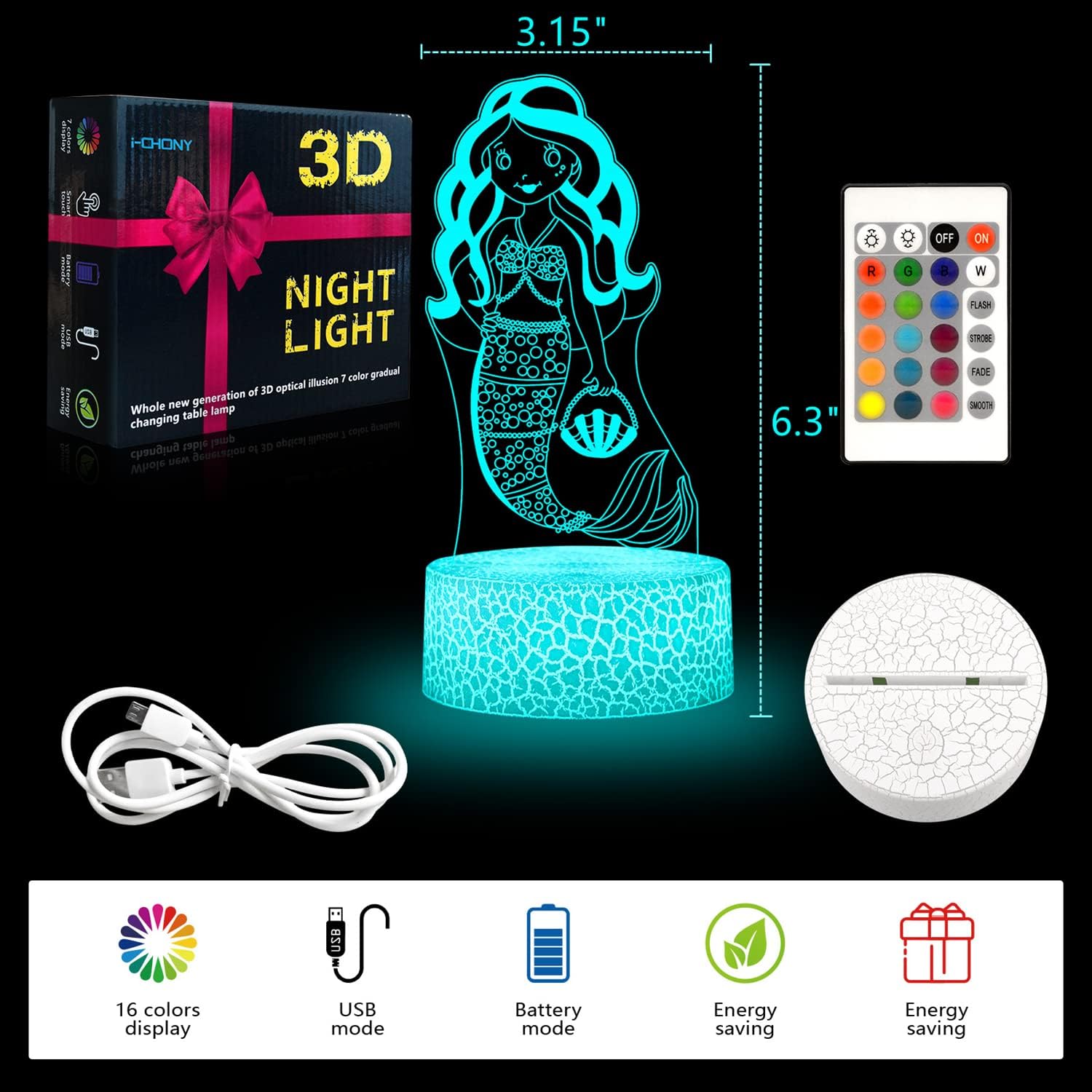 i-CHONY Dinosaur Toy T-Rex 3D Night Light for Kids, 16 Colors Dimmable Dinosaur Led Light with Remote & Smart Touch