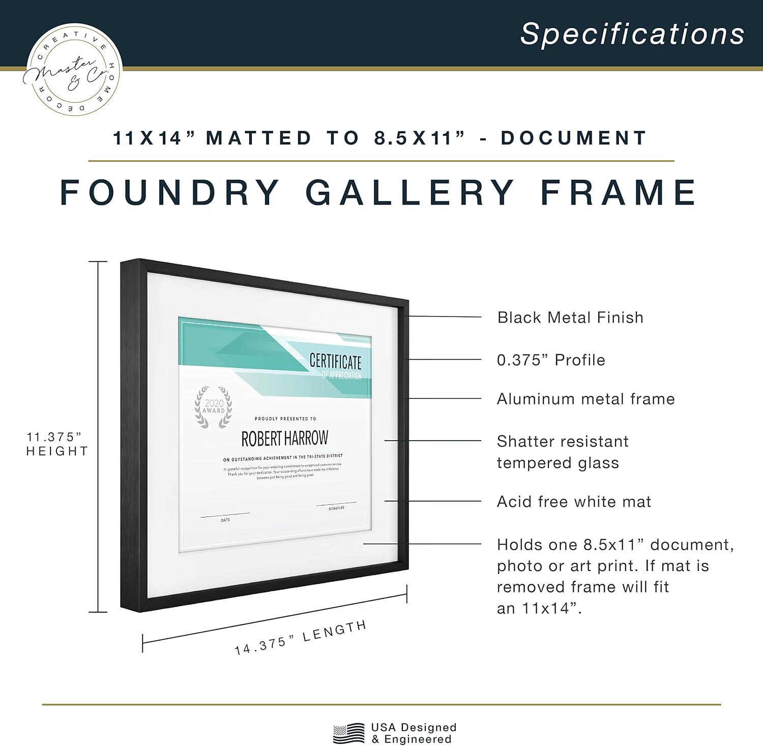 MCS Master & Co. Foundry Metal Picture Frame, 12x12 Matted to 8x8