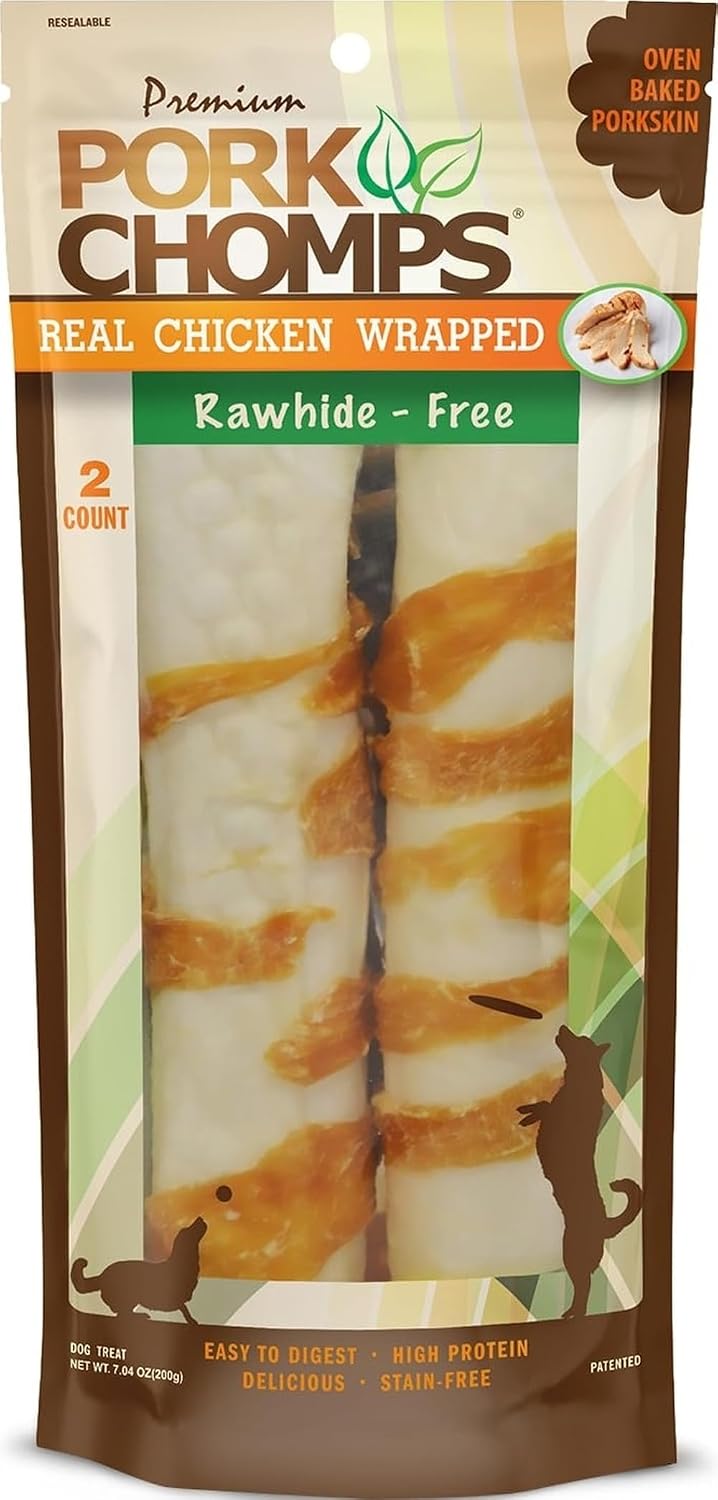 Pork Chomps Rawhide Free Pork Skin Dog Chews, Chicken Wrap, 8in Rolls, 2ct