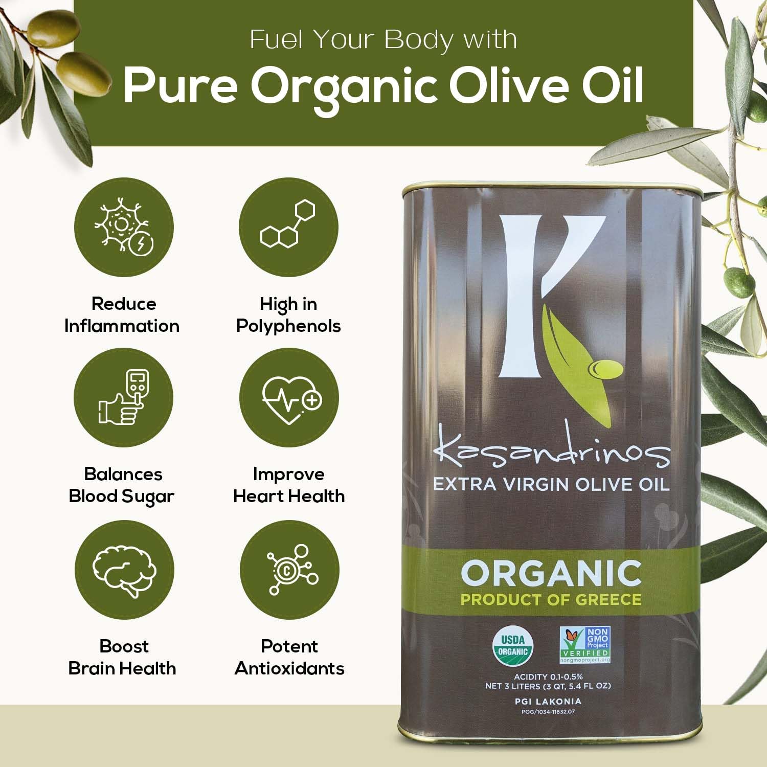 Kasandrinos Organic Olive Oil Extra Virgin, Polyphenol Rich Greek Olive Oil, 100% Organic First Cold Pressed, Mild + Delicate Flavor, Verified by Non GMO, 500 ml / 16.9 oz