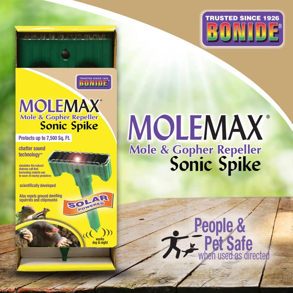 Bonide MoleMax Mole & Gopher Repeller Battery-Powered Sonic Spike | Animal Repellent Stake with Chatter Sound Technology