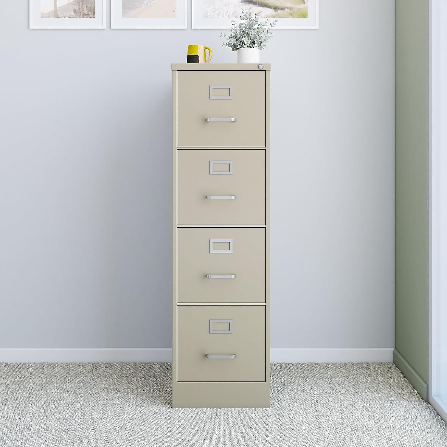 Staples 4-Drawer Vertical File Cabinet, Letter Size Documents, Lockable, 26.5" D x 15" W x 51.97" H, Putty/Beige
