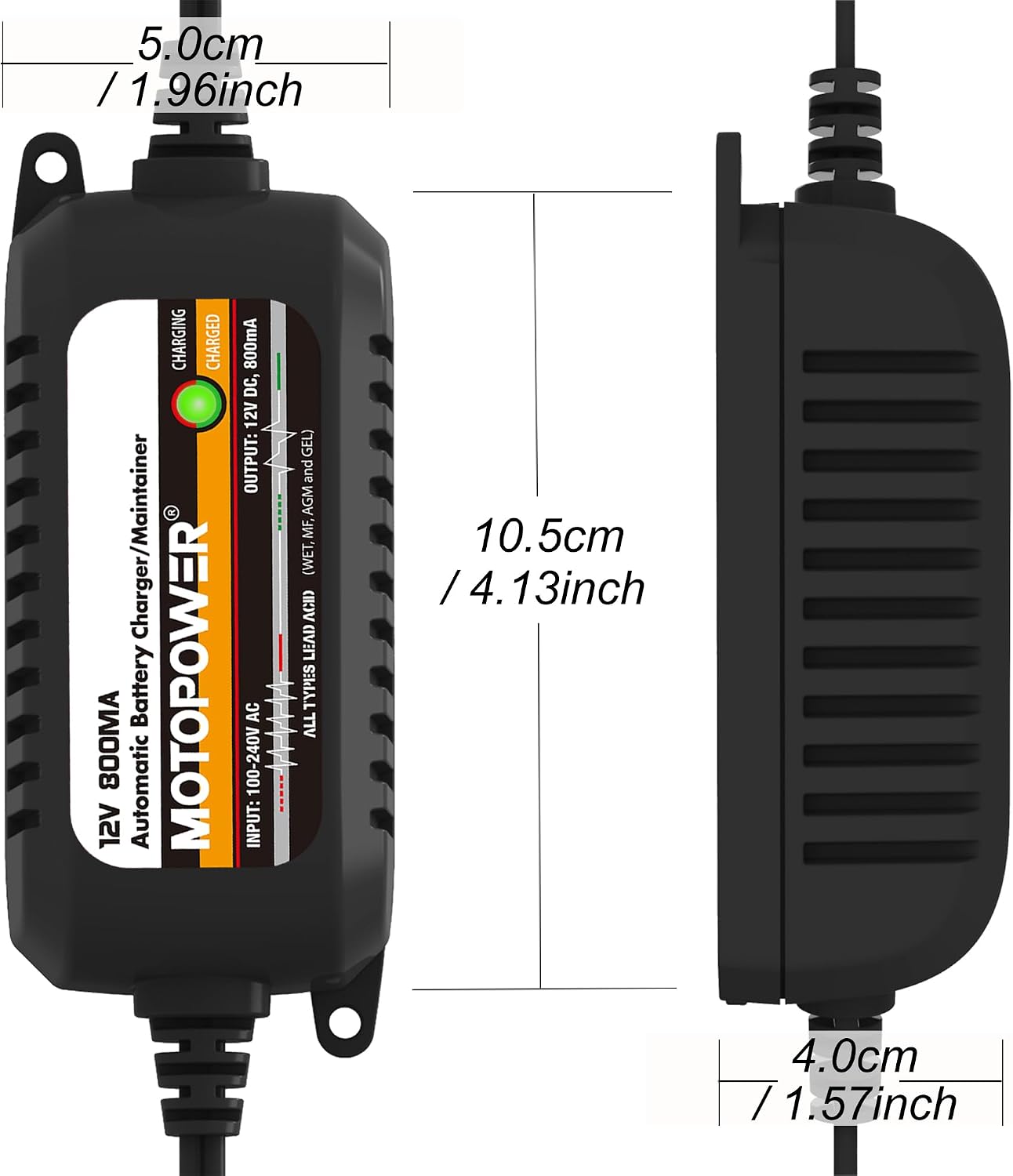 MOTOPOWER MP00205C 12V 800mA Automatic Battery Charger, Battery Maintainer, Trickle Charger, and Battery Desulfator