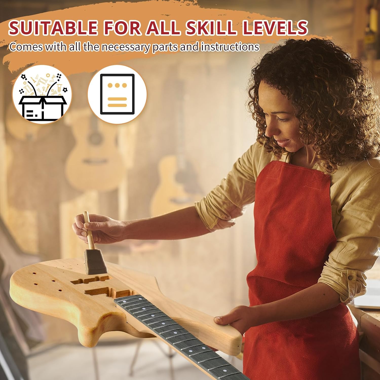 Ktaxon DIY Electric Guitar Kit, 44Inch DIY Bass Guitar Kit (KIB) | Mahogany Body, Solid Wood Fingerboard and Maple Neck, Easy Installation & All Accessories Included to Build Your Own Guitar